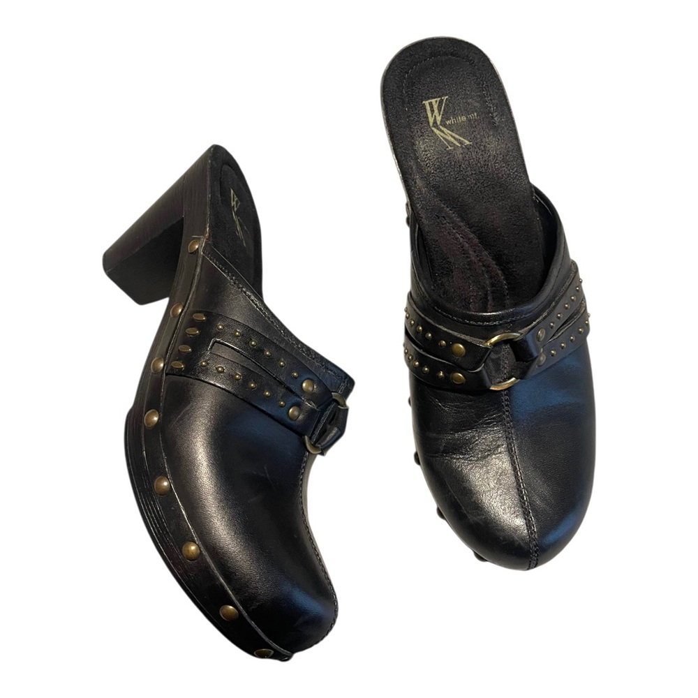 White Mountain Black Leather Clog Heels Priscilla Size 9 M Studded